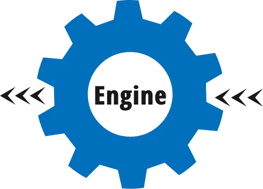 גלגל שיניים בצבע כחול עם המילה ENGINE באמצע שלושה חצים בכל צד של הגלגל